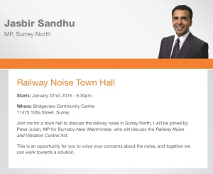 Notice of Surrey, B.C. Town Hall Meeting on Railway Noise